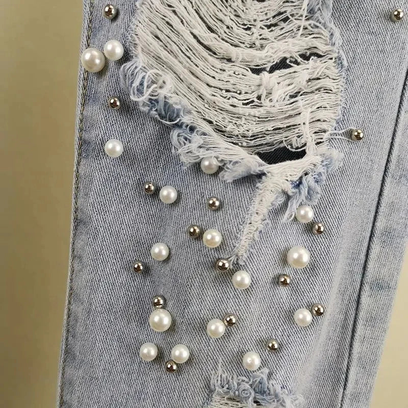 Women Hole Jeans 2023 Spring Summer New Loose High Waist Denim Pants Heavy Beading Straight Nine Points Harem Cowboy Trousers