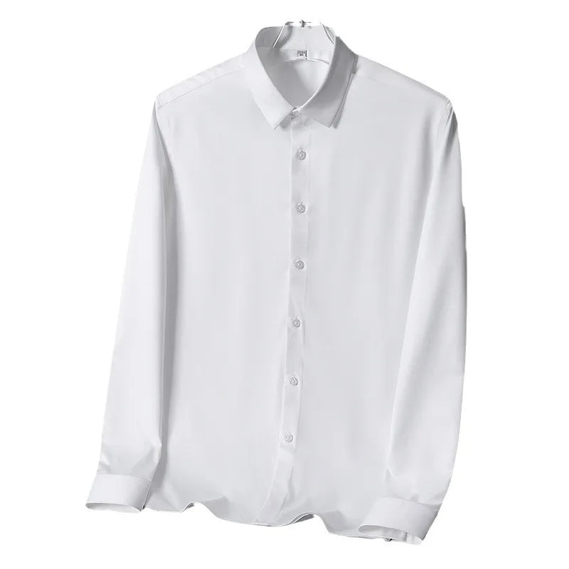 Seamless silk business casual shirt, long sleeved white non ironing elastic silk sliding cross shirt, men's formal wear