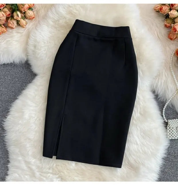 High Waist Midi Skirt Women's OL Profional Slimming Side Slit Wrap around A-Line One Step Skirt Korean Sle Commute Pure ...