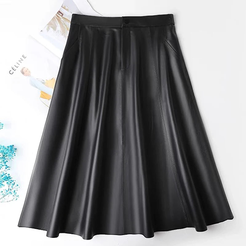 Women Caramel Genuine Leather Skirt 2025 Winter Female Natural Skin A-line Simple Big Hem Pleated Long Faldas Apricot Ropa Mujer