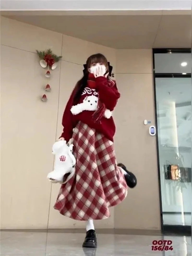 Red Plaid Midi Skirt Women Fall Winter Vintage High Waist Sweet Woolen Cloth Skirts Retro Loose Preppy Aesthetic Female Skirt