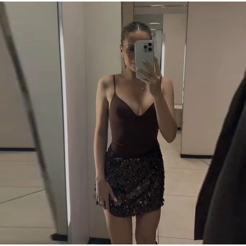 Sexy Paillette Mini Women's Skirt Fashion High Waist A-line Party Club Female Skirts 2025 Winter Streetwear Lady Clothes