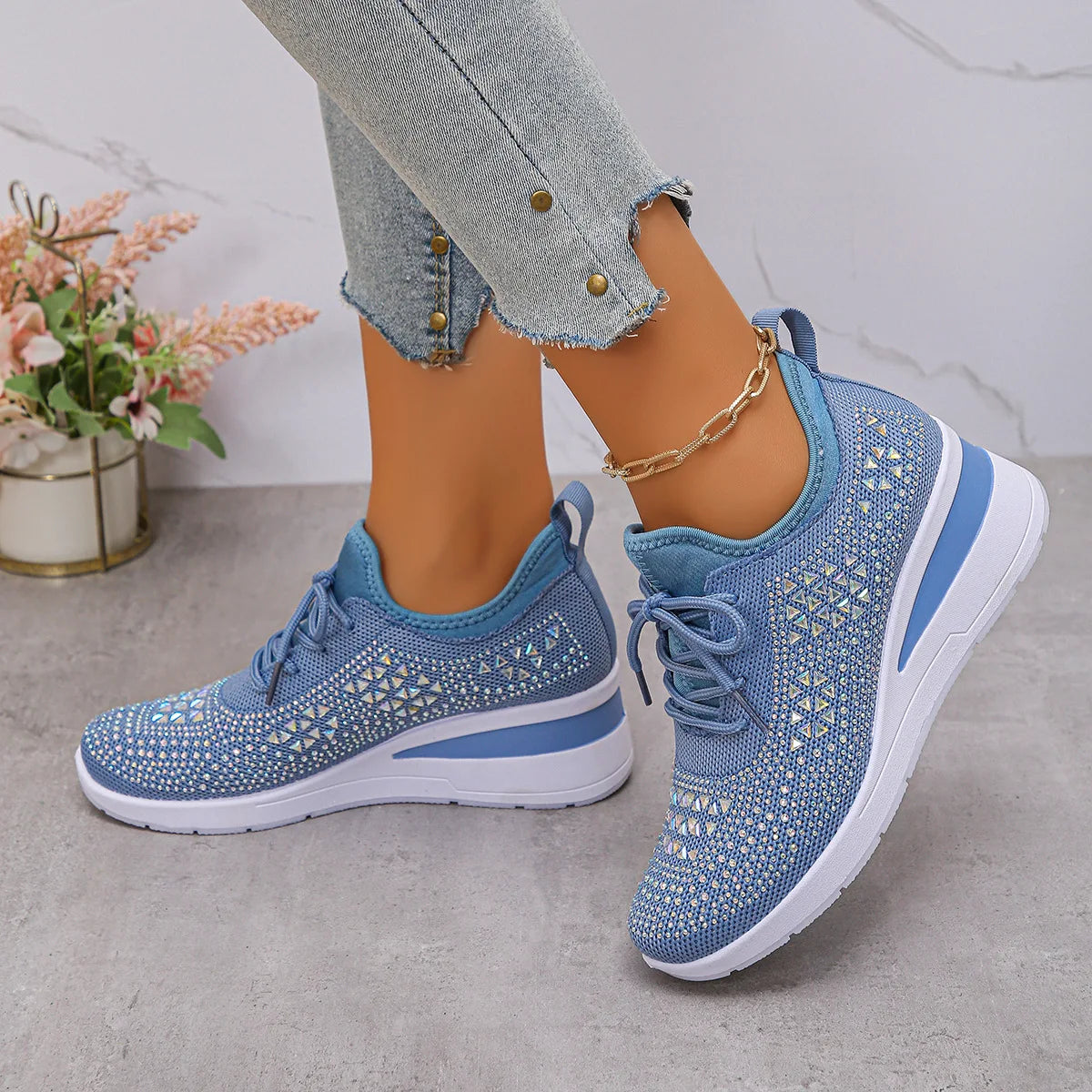 Women's Shiny Rhinestone Wedge Sneakers Breathable Knit Non Slip Walking Shoes Woman Plus Size Fashion Thick Sole White Sneakers