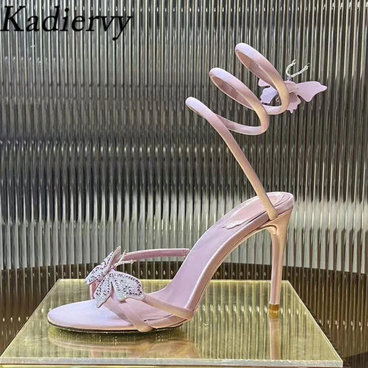 Summer High Heels Sandals Woman Butterfly-knot Rhinestone Snake Twine Around Ankle Strap Wedding Shoes Thin Heels Sandals Women