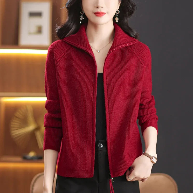 Women's Knitted Open Cardigan Coat Double Zipper Flip Collar Outerwear Fashionable Spring Autumn Winter New Arrival Top