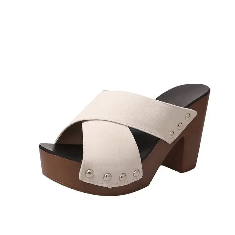 Women Sandals 2024 Summer New Square Platform Flock Casual Rivet Pumps Female Peep Toe Elegant High Heels Shoes Zapatos De Mujer