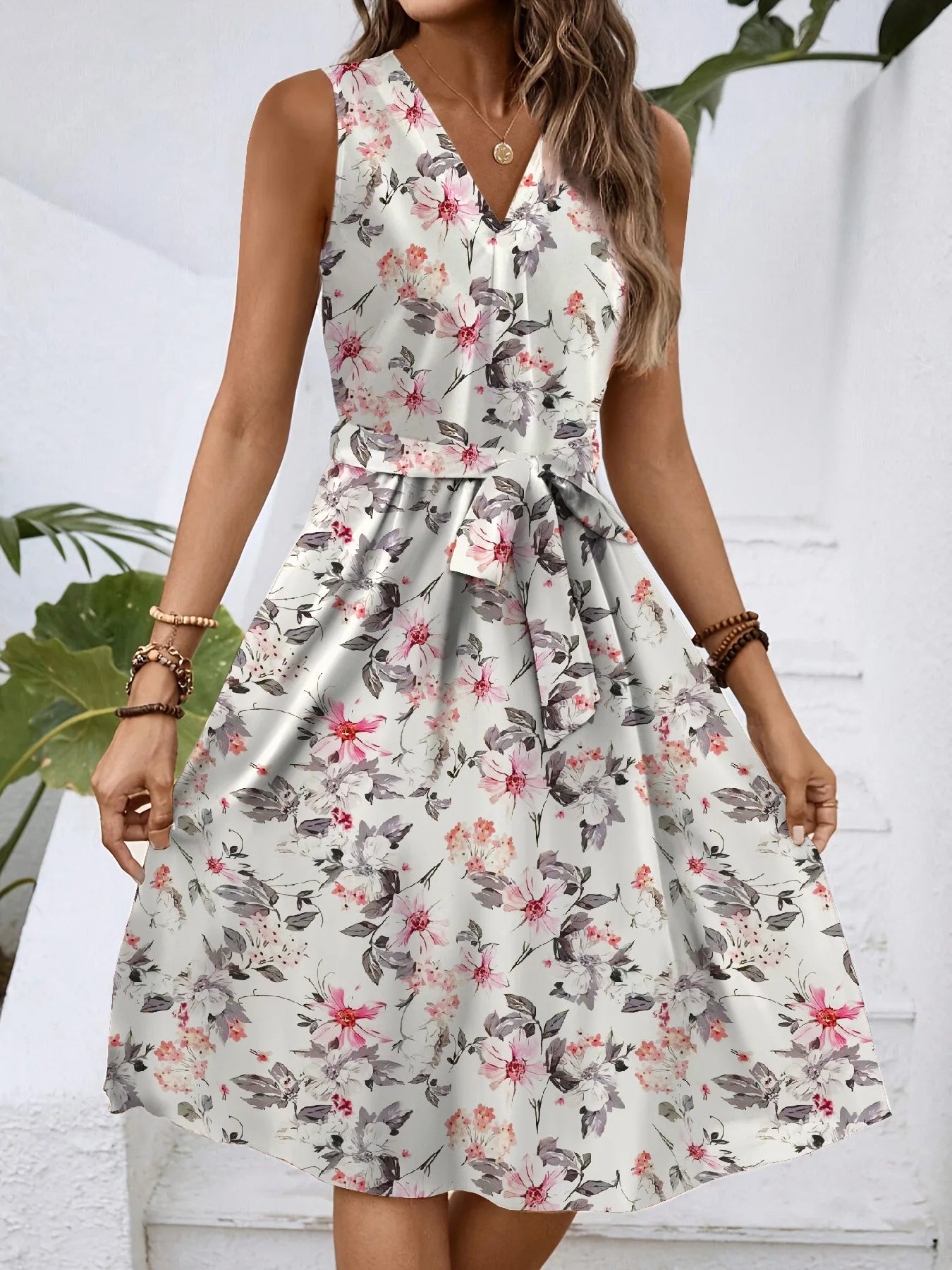 Dress Women Flower Print Dresses Sleeveless V Neck Lace Up Tight Waist Knee Length A Line Office Lady 2025 Summer Vestidos