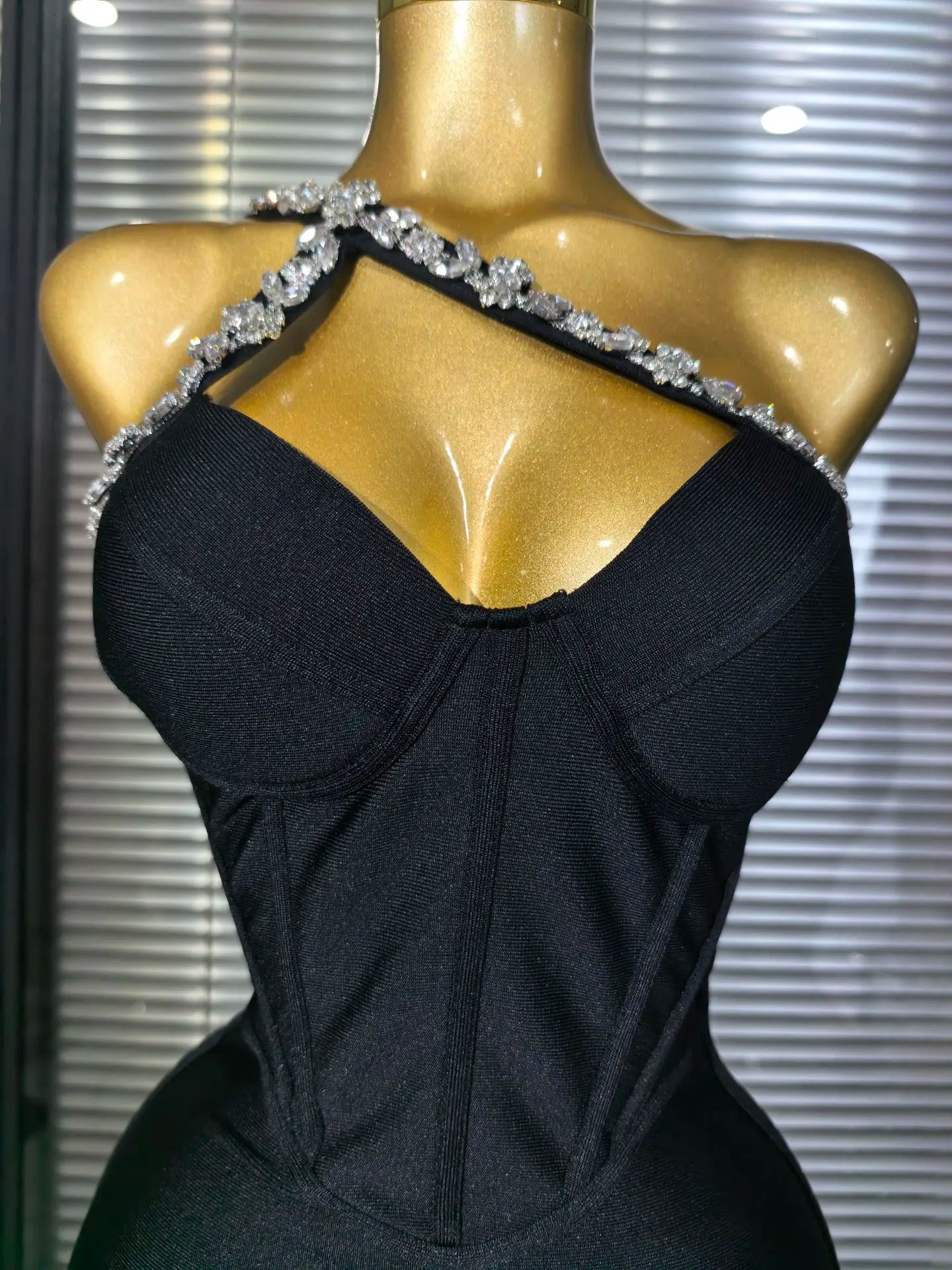 Black Color Women Sexy One Shoulder Shinning Crystal Bodycon Mini Bandage Dress Celebrate Nightclub Party Birthday Outfit