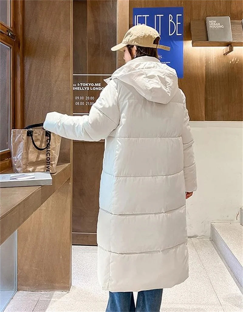 2025 Solid Long Down Parka Women with  Hood  Cotton Padded Jacket Winter Overcoat Fashion Thicken Warm Puffer Coat Female