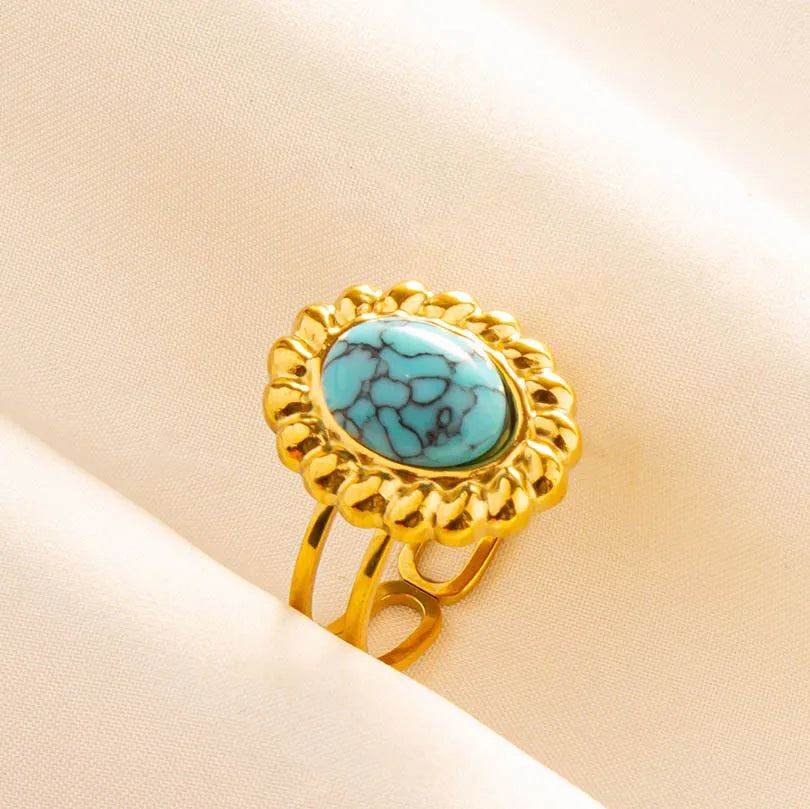 Classic Retro Turquoise Finger Jewelry Stainless Steel Rings For Women Men Accessories Open Adjustable 18k Real Gold Plated Ring