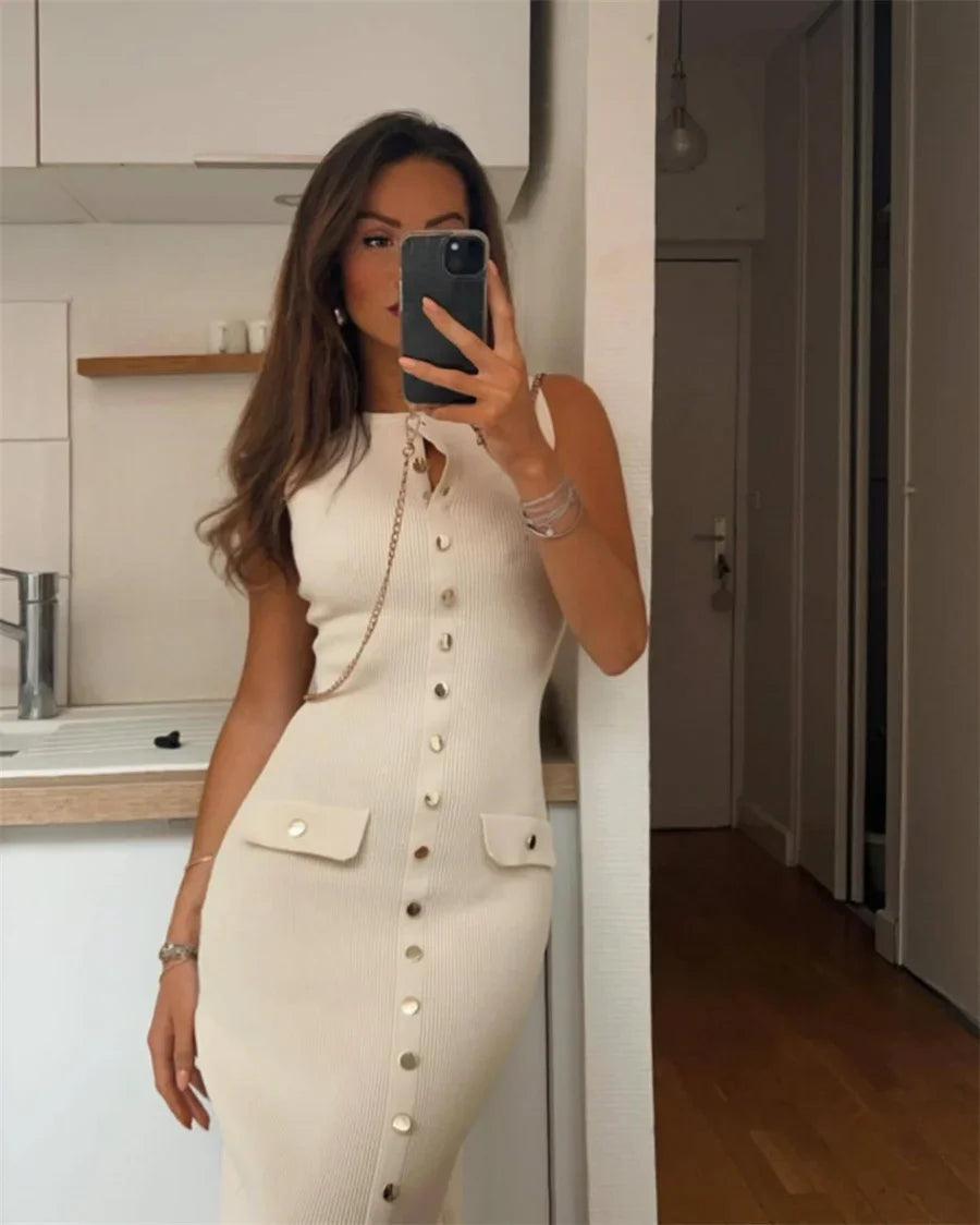 Elegant Knitted Midi Dresses Women's Black White Patchwork Slit Single Breasted Sleeveless Curvy Dress 2025 Summer Street Wear