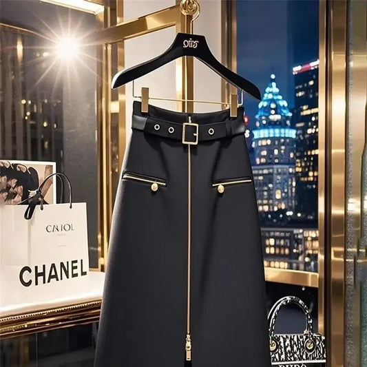 New Fashion Zipper Midi Skirt Women Casual High Waist Solid Color A-Line Vintage Skirts Streetwear Harajuku Y2k Jupe