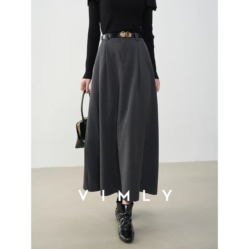 VIMLY Midi Women Skirt 2025 Autumn Office Lady Gray A-line Bud Elegant Ladies Skirt Zipper Loose Pockets Female Skirts A2202