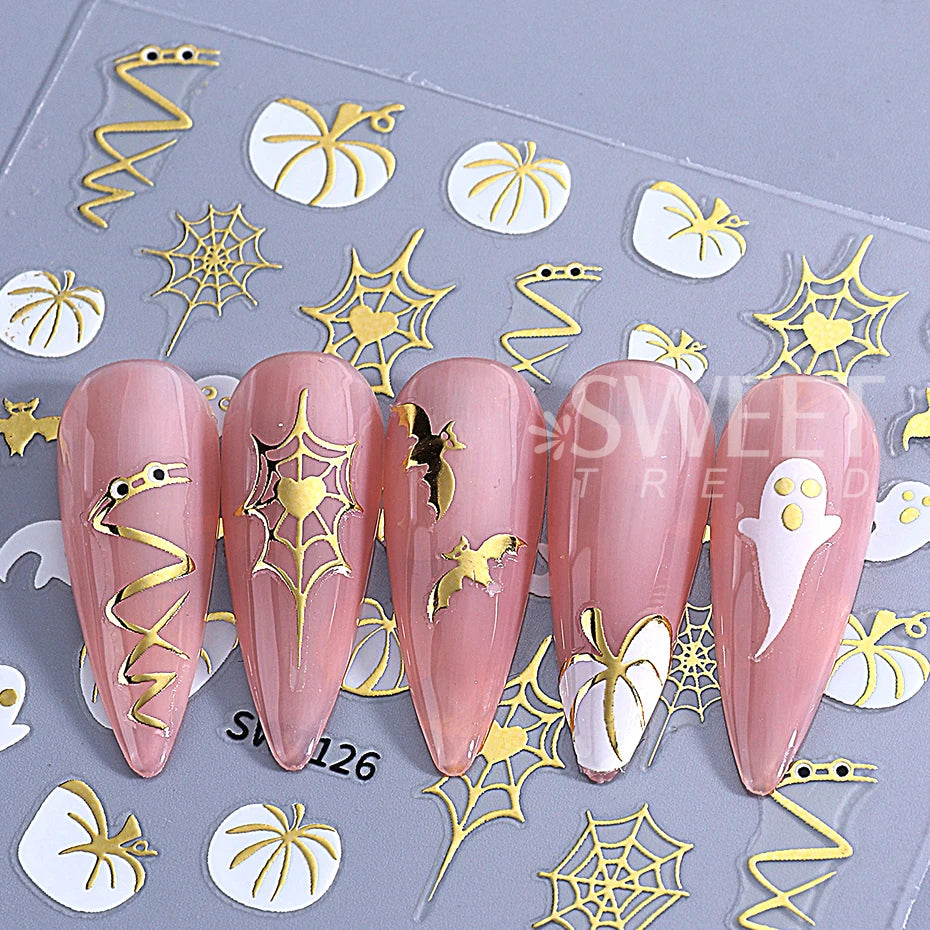 3pcs Autumn Nail Art Stickers Decal Golden Pumpkin Ghost Spider 3D Adhesive Slider for Halloween Thanksgiving Day Manicure Decor