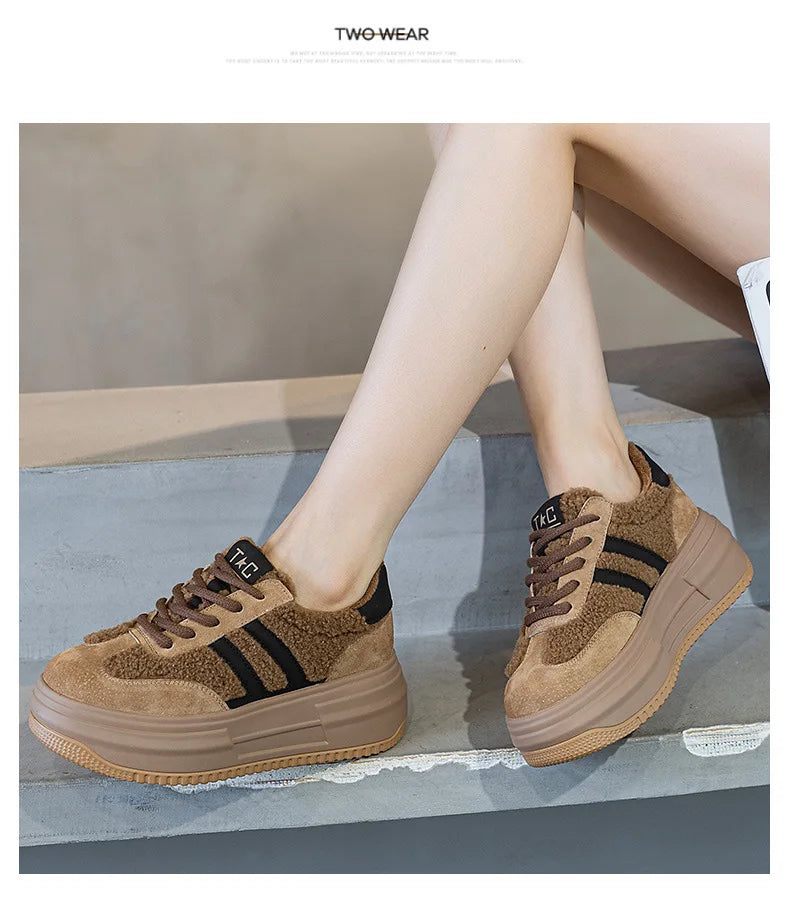 6CM Pink Natural Genuine Leather Fashion Breathable Casual Women's Shoes Platform Warm Plush Winter Autumn Comfy Ankle Booties