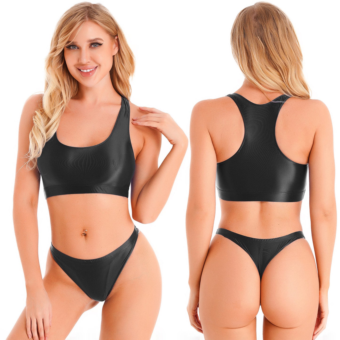 Women Glossy Swimsuit Outfit Oil Shiny Camis Crop Top Sports Fitness Smooth Tank Tops T-shirt With Panties Boxer Shorts Swimwear