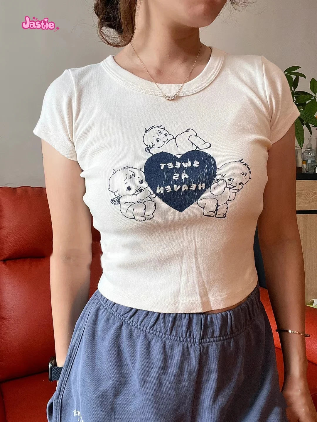 Cartoon Print Beige T-shirts Women 2024 Summer Streetwear Round Neck Short Sleeve T Shirt Female Vintage Chic Y2k Crop Top