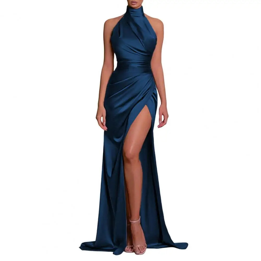 Women Party Dress Elegant Halter Neck Off Shoulder Sleeveless Ball Gown Solid Color Pleated High Slit Floor Length Satin Dress