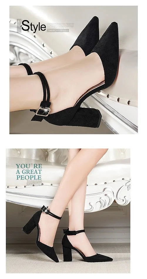 2025 Summer Square High Heels Women Shoes Flock Pointed Sandals Sexy Female Sandalias Shoes Ankle Buckle 6cm Heel Casual Pumps