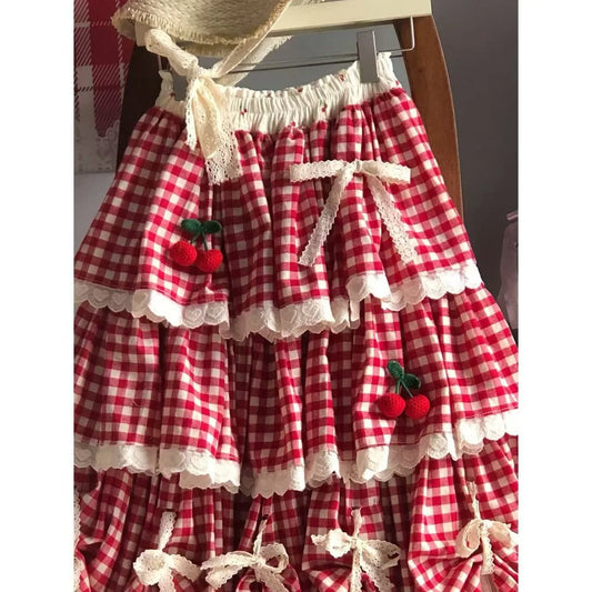 Sweet Multi-Layered Ruffle Cake Skirt Women's Autumn Winter New Cherry Design Lace Half Skirt Fresh And Cute Style Midi Skirt