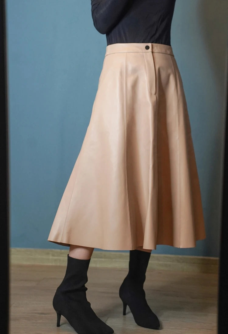 Women Caramel Genuine Leather Skirt 2025 Winter Female Natural Skin A-line Simple Big Hem Pleated Long Faldas Apricot Ropa Mujer