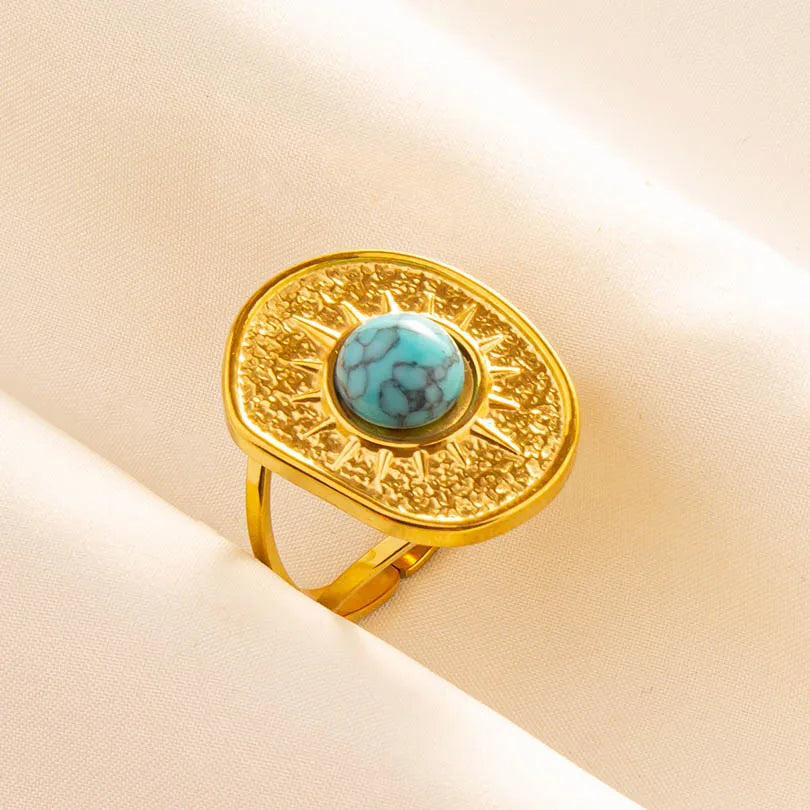 Classic Retro Turquoise Finger Jewelry Stainless Steel Rings For Women Men Accessories Open Adjustable 18k Real Gold Plated Ring