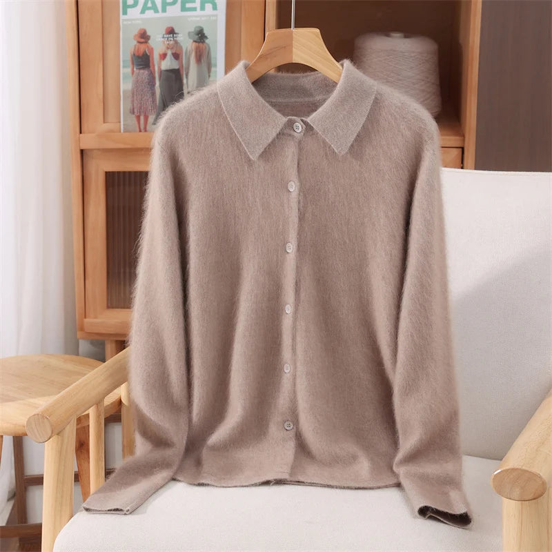 Chic Female Grace Soft Knitwear Women's Polo Collar Button Cardigan 100% Mink Cashmere Sweater Autumn Winter Soft Casual Tops