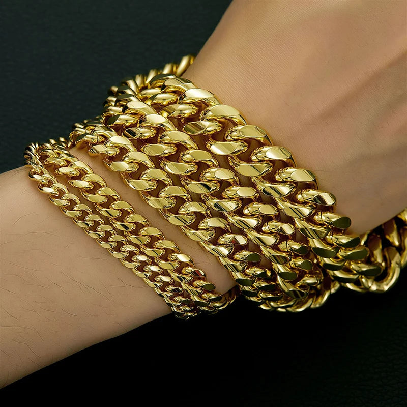 6-14mm Bling Gold Color Stainless Steel Cuban Miami Chains Necklaces CZ Zircon Box Lock Link Chain for Men Hip Hop Rock jewelry