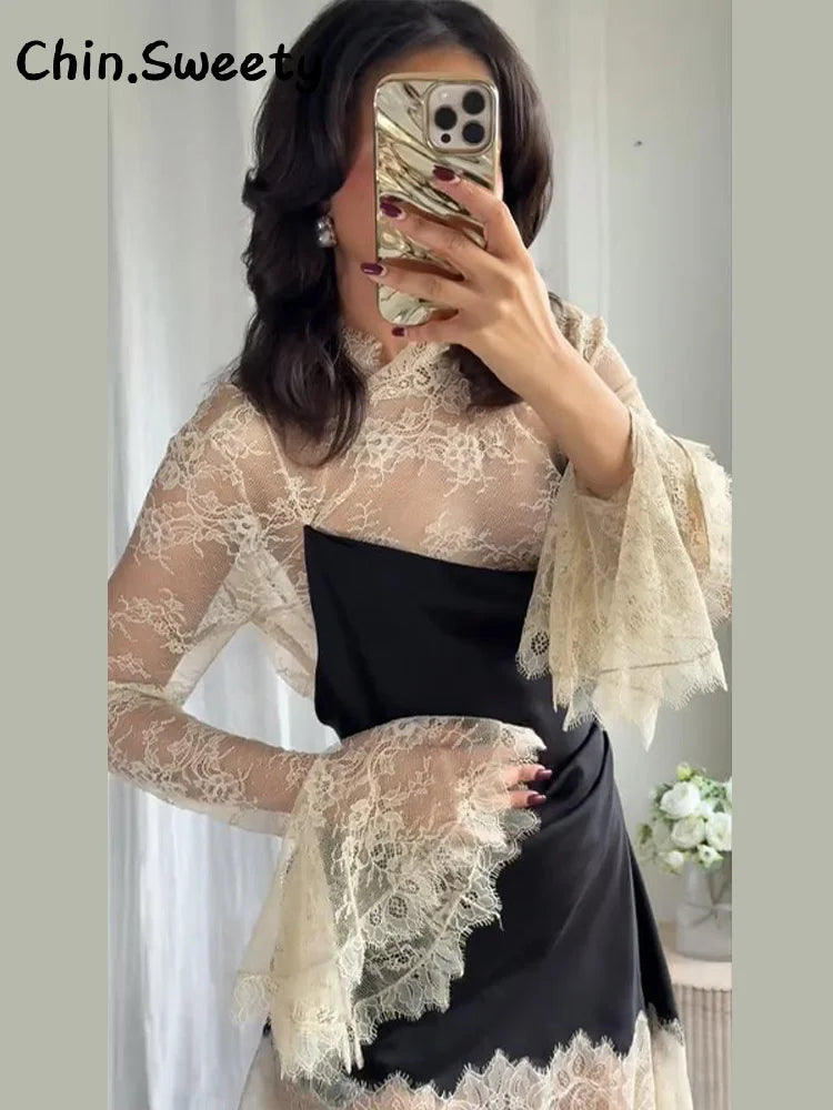Elegant Lace Patchwork Satin Mini Dress Women High Collar Flare Sleeve See Through Party Dresses 2025 Autumn Lady Evening Robes