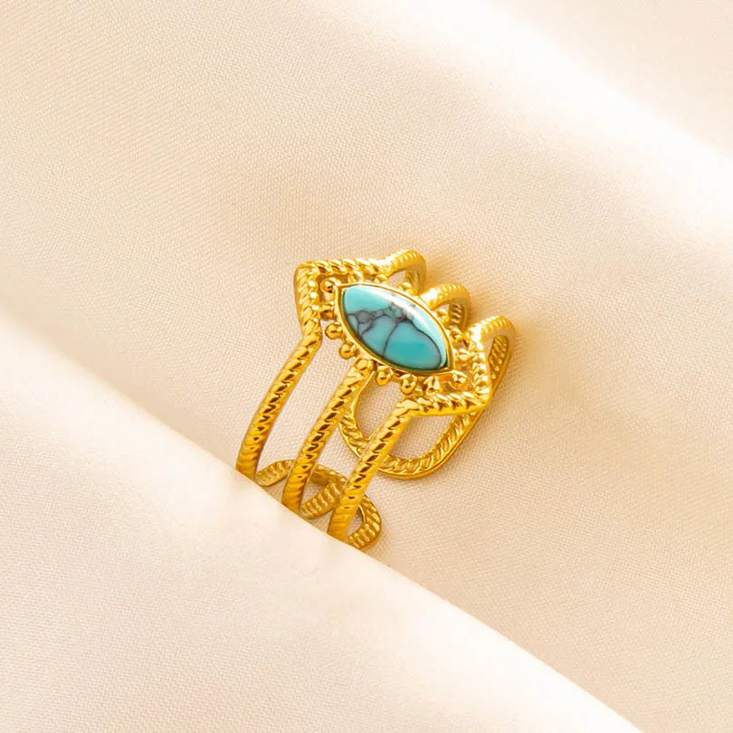 Classic Retro Turquoise Finger Jewelry Stainless Steel Rings For Women Men Accessories Open Adjustable 18k Real Gold Plated Ring