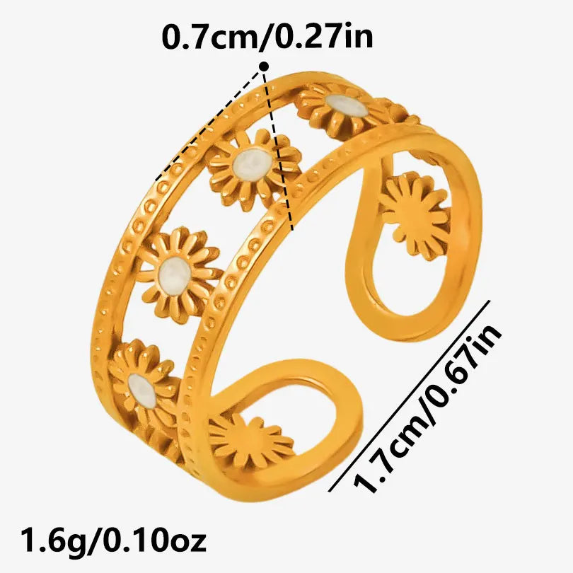 Elegant Ring Enamel Stainless Steel Rings For Women Men Accessories Flower Plant Jewelry Open Adjustable Real Gold Plated Bagues