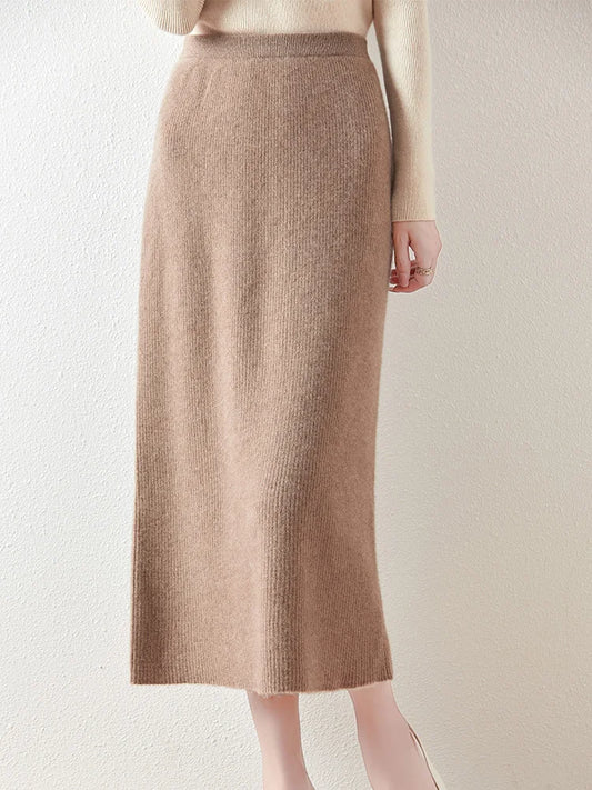 100% Merino Wool Knitted Half Skirt Autumn Winter Women's Elegant A-line Skirt High Waisted Mid Length Slimming Thick Warm Dress