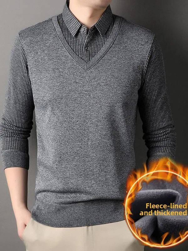 Men's Long Sve Fce Lined Knitted irt Busin Casual Sle Winter Warm Top Fake Two-Piece Design Comfortable Fit