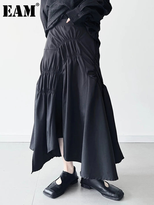 [EAM] High Elastic Waist Black Irregular Pleated Midi Elegant Half-body Skirt Women Fashion Tide New Spring Autumn 2025 1DJ0400
