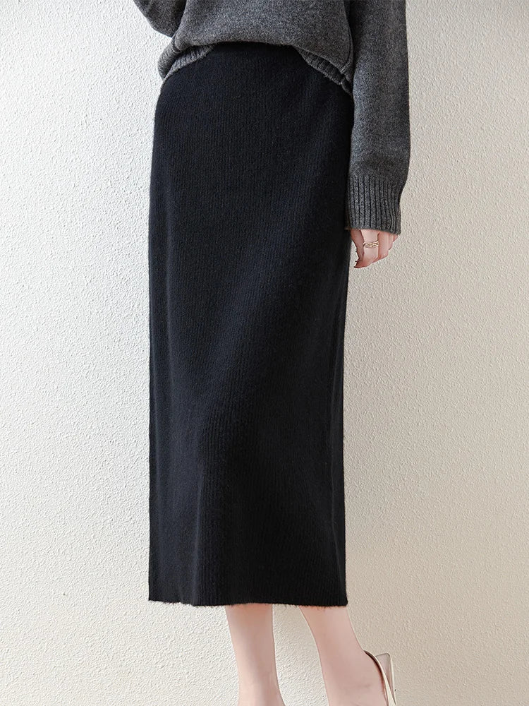 100% Merino Wool Knitted Half Skirt Autumn Winter Women's Elegant A-line Skirt High Waisted Mid Length Slimming Thick Warm Dress