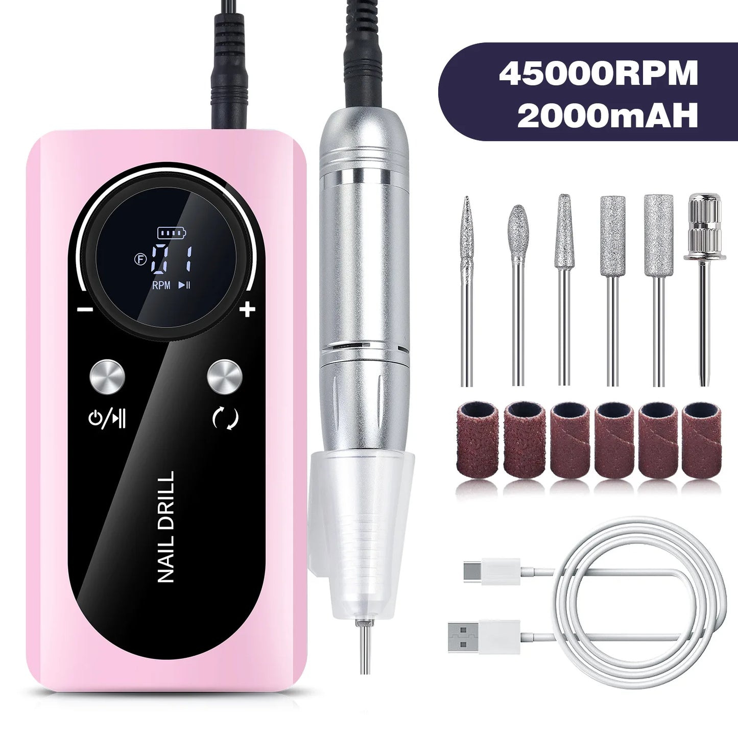 Cordless Electric Nail Drill 45000RPM - Rechargeable Professional Manicure/Pedicure Kit for Home Salon, Portable Nail Grinder