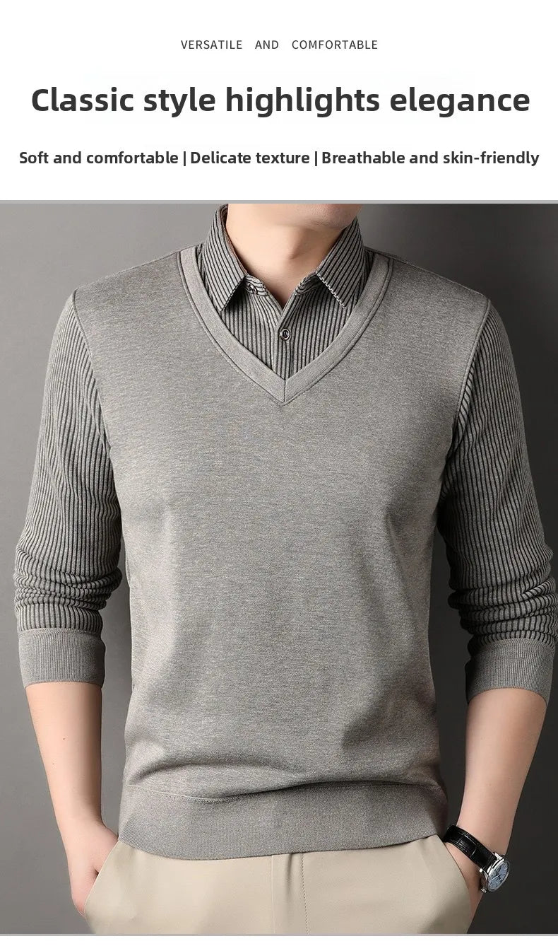 Men's Long Sve Fce Lined Knitted irt Busin Casual Sle Winter Warm Top Fake Two-Piece Design Comfortable Fit