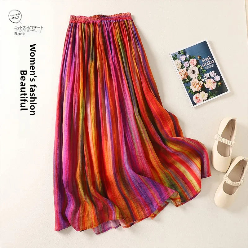 Summer Vintage Versatile Double Layered Flax A-Line Midi Skirt Slimming Elastic Waist Rainbow Stripes Long Skirt