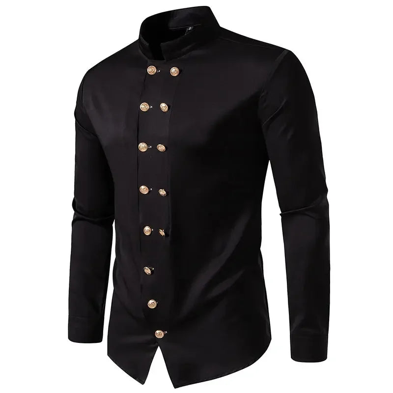 Double Breasted Formal Dress Shirts for Men New in Steampunk Nightclub Party Prom Henry Collar Gothic Shirts Mens Stage Costumes
