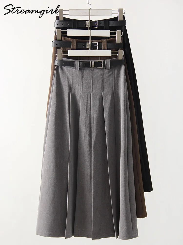 Gray Midi Pleated Skirts For Women Autumn 2024 High Waist A Line Maxi Zipper Skirts For Office Lady Long Skirt Woman Black
