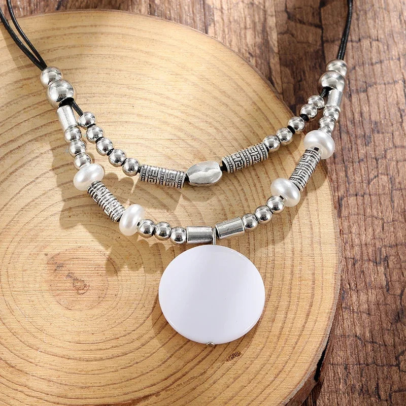 Bohemian Ethnic Wind Imitation Pearl Braided Necklaces Women Retro Hand-woven Beads Double Layer Rope Chain Vacation Jewelry