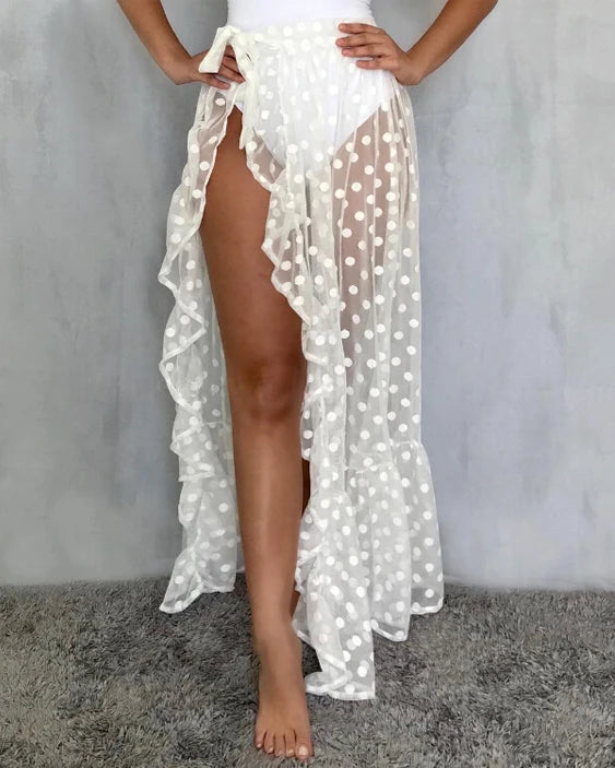 Combhasaki Womens Mesh Sheer Beach Holiday Ruffled Sunscreen Bikini Cover Up Wrap Belted Bow knot tied Long Skirt Summer Holiday