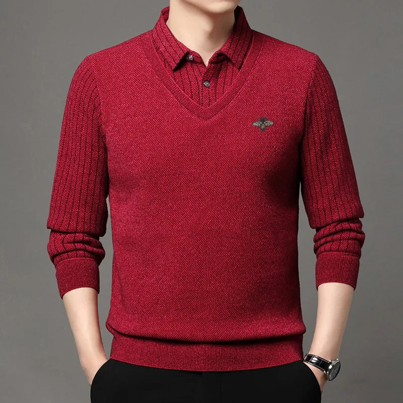 Designer Quality Men's Lapel Fake Two-Piece Long Sleeve T-Shirt Winter New Bee Print Plush Thickening Sweater Business Menswear