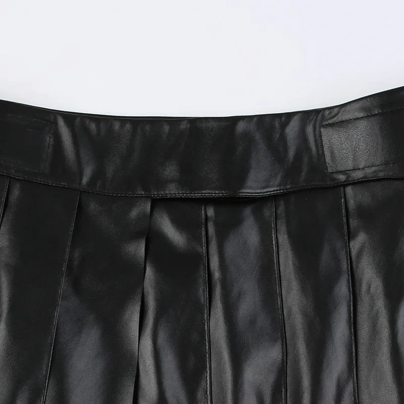 2025 New PU Leather Hollow Hoop High-waisted Velcro Slim A-line Pleated Skirt Short Dress for Women