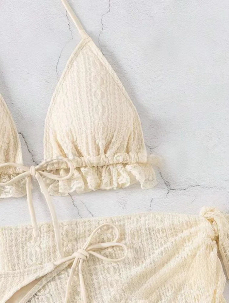 Sexy Mesh Bikini Swimsuit Women Bikini 3 Piece Set Solid Black/White/Ivory Summer 2025 New Beachwear Cute Bathing Suit Swimsuits