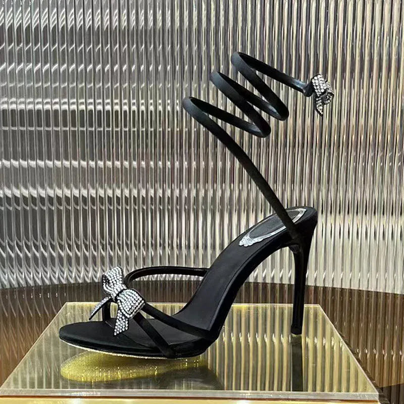 Summer High Heels Sandals Woman Butterfly-knot Rhinestone Snake Twine Around Ankle Strap Wedding Shoes Thin Heels Sandals Women