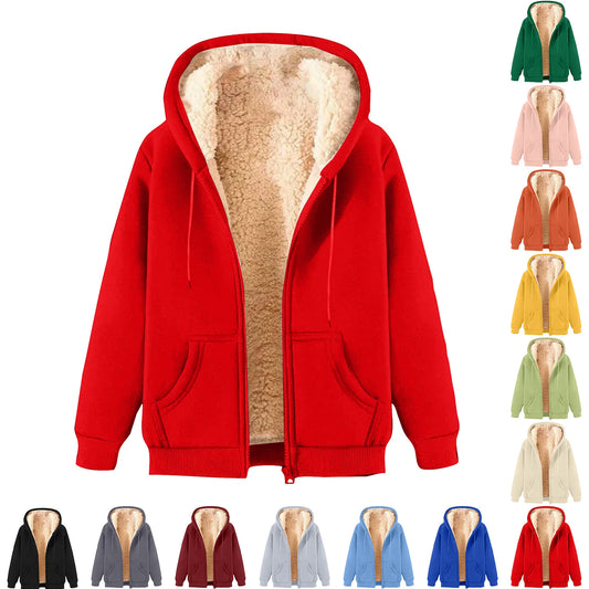 Women's Fleece-Lined Thickened Hooded Sweatshirt Solid Color Autumn Winter Thick Warm Hoodies Zipper Up Pocket Loose Jackets