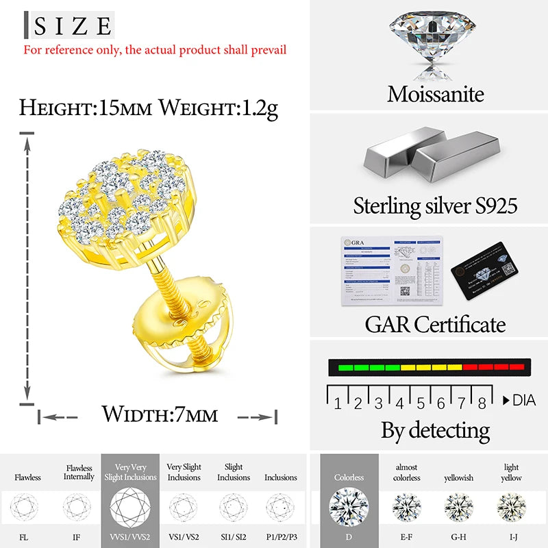 Unisex Fine Jewelry Moissanite Earrings For Women 925  Stud Earrings Moissanite D Color VVS Stud Round Flower Jewelry