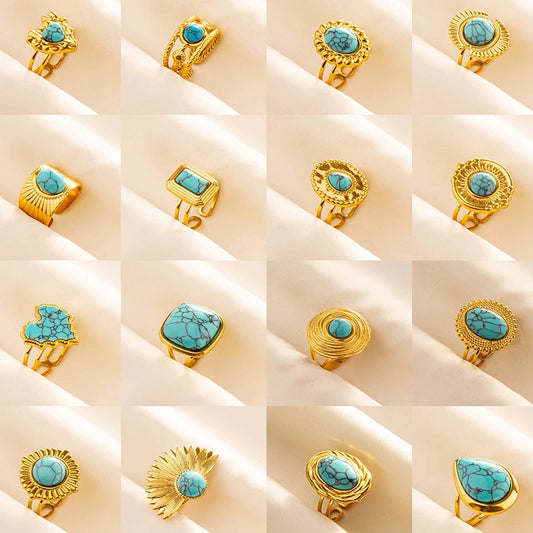 Classic Retro Turquoise Finger Jewelry Stainless Steel Rings For Women Men Accessories Open Adjustable 18k Real Gold Plated Ring