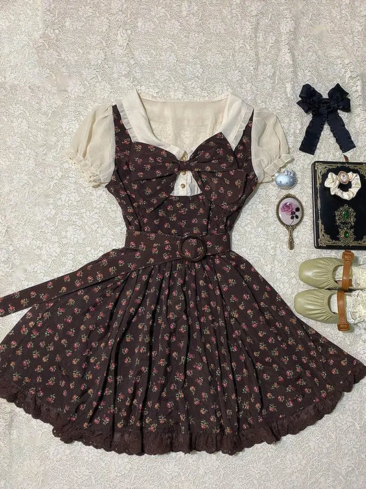 Korean Style Sweet Vintage Elegant Women Dress Fake Two-piece Flora Dress Casual Slim Retro Design Short Dress Chic Outfits 2025
